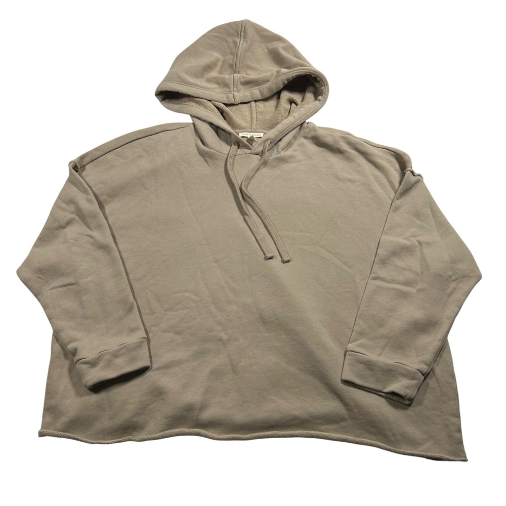 Eileen Fisher Raw Hem Pullover Hoodie Womens XL Tan Organic Cotton Boxy Cozy